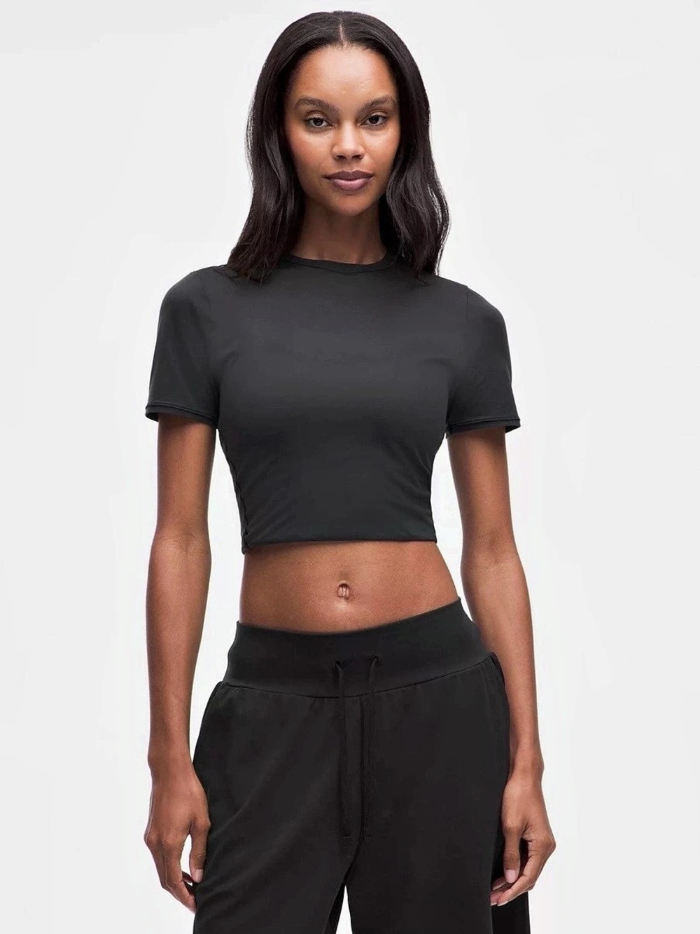 Trendy Queen Nylon Dark Grey Stretch Top Gym Shirt Activewear Baby Tee, size M
